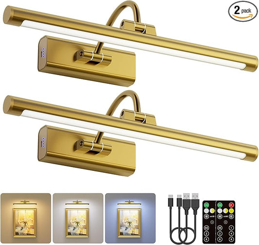2 Pack 16" Brass Picture Art Lights - 6000mAh Rechargeable Battery Powered Wireless Lighting for Home Gallery, Office, Living & Bedroom