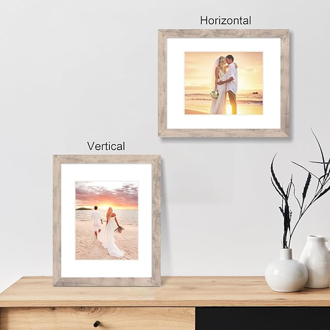 iRahmen 11x14 Picture Frame Set of 4 with Tempered Glass, Smoke Gray Frame Display 8x10 Pictures with Mat or 11 x 14 Without Mat, Wood Rustic Photo Frames for Horizontal or Vertical Wall Mounting
