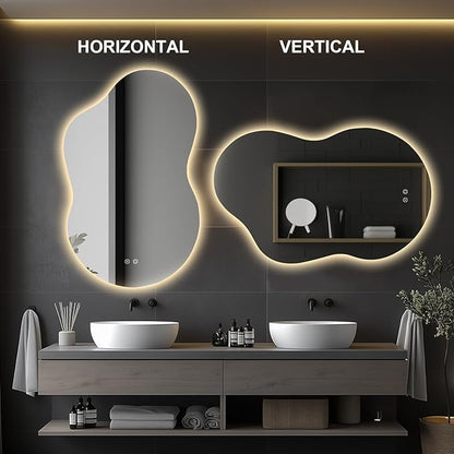 48"x30" Irregular LED Lighted Vanity Mirror for Bathroom, Backlit Only, Anti-Fog, 3-Color Dimmable Lighting, Wall Mount [Horizontal/Vertical]