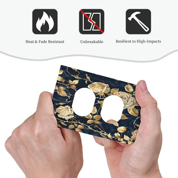 Outlet Covers Boho Vintage Floral Golden Flower Dark Blue Background 1 Gang Duplex Wall Plate Decorative Switch Plates Electrical Receptacle Faceplate Light Switch Cover for Bedroom
