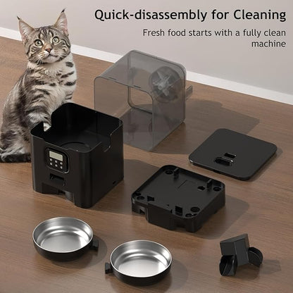 Voluas Automatic Cat Feeder for Two Cats, Double Pet Feeder with 2 Stainless Steel Bowls,6L Timed Cat Feeders with Memory Function
