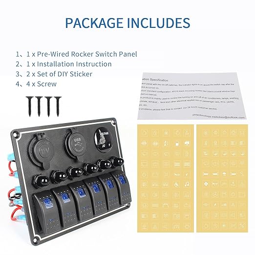 Marine Boat Rocker Switch Panel,Waterproof 6 Gang Multi-Function Toggle Light Switch Panel with Dual USB and Voltmeter Panel for RVs, Cars, Boats, Trucks,Trailers - 12-24V Blue
