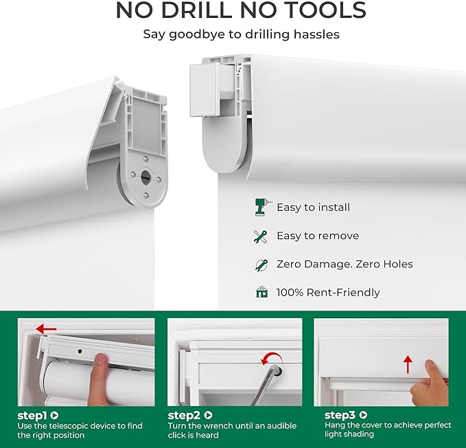 Allesin No Drill Motorized Roller Blinds – Rechargeable Electic Blackout Shades with Cassette Cover, Utral-Quiet Motor, Automatic Blind with Remote for Indoor Windows (White, 36" W x 72" H)