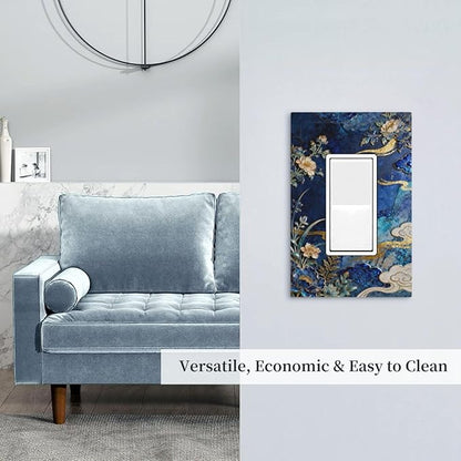 Decorative Outlet Covers Blue White Flower Gold Line Cloud 1 Gang Rocker Light Switch Cover Plate Single Wall Plates for Electrical Outlets Switch Plate Covers Faceplate for Home Decor
