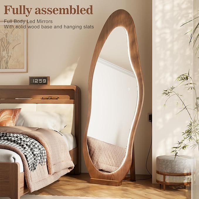 WoodsWhisper 69"x 24" Wavy Mirror Full Length,Lights Irregular led Full Length Mirror, Wavy Wall Mirrors,Shatter-Proof Hanging or Leaning Against Wall for Cloakroom/Bedroom/Living Room,Walnut