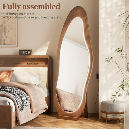 WoodsWhisper 69"x 24" Wavy Mirror Full Length,Lights Irregular led Full Length Mirror, Wavy Wall Mirrors,Shatter-Proof Hanging or Leaning Against Wall for Cloakroom/Bedroom/Living Room,Walnut