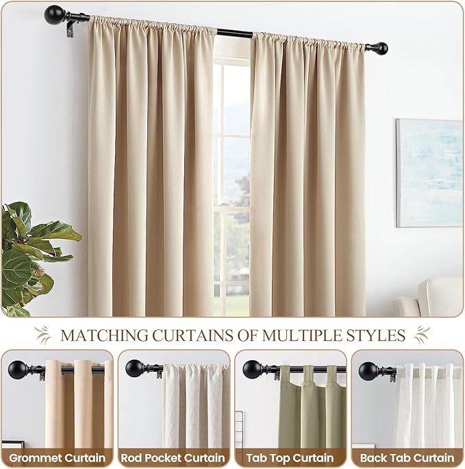 KAMANINA Curtain Rods for Windows 28 to 48 Inches, Black Curtain Rod 32 to 58 inch (2.6-4.8ft), 7/8 Inch Decorative Drapery Rod with Round Finials