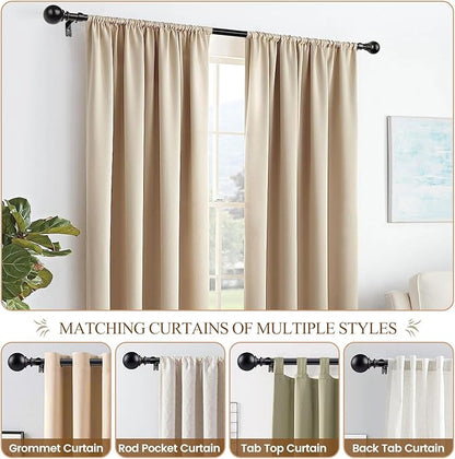 KAMANINA Curtain Rods for Windows 28 to 48 Inches, Black Curtain Rod 32 to 58 inch (2.6-4.8ft), 7/8 Inch Decorative Drapery Rod with Round Finials