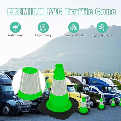 BESEA 4Pack 12 Inch Green Traffic Cones with 4 Inch Reflective Collar, Heavy Duty PVC Safety Cones with 8.5 x 8.5 Inch Base for Parking, Driving Practice, Sports Training, and Construction
