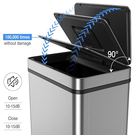 50L / 13 Gallon Smart Automatic Trash Can with Deodorizer Compartment, Stainless Steel Body and Mute Sensor Lid for Kitchen Office Living Room and More, Assemble Large Capacity Garbage Can - Silver