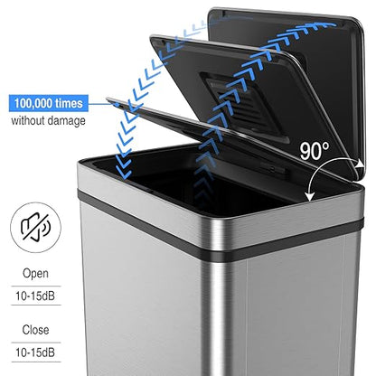 50L / 13 Gallon Smart Automatic Trash Can with Deodorizer Compartment, Stainless Steel Body and Mute Sensor Lid for Kitchen Office Living Room and More, Assemble Large Capacity Garbage Can - Silver
