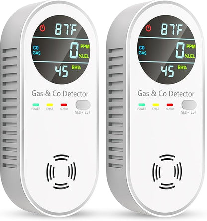 Carbon Monoxide Detectors & Natural Gas Detector, 4-in-1 Carbon Monoxide Detectors Plug in, Gas Leak Detector with Dual Alarms, Temperature & Humidity Sensor for Home, RV Essentials, White, 2 Pack