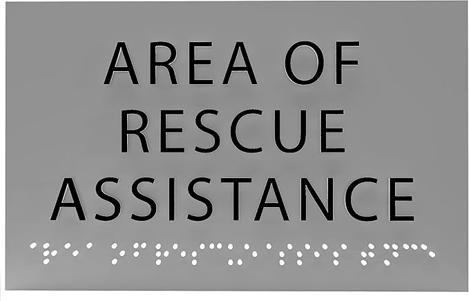 Area of Rescue Assistance Sign - ADA compliant sign. 6"x4" sign made from durable plastic with raised lettering and Braille. Designed to meet ADA (Americans with Disabilities Act) regulations.