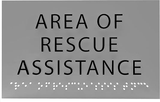 Area of Rescue Assistance Sign - ADA compliant sign. 6"x4" sign made from durable plastic with raised lettering and Braille. Designed to meet ADA (Americans with Disabilities Act) regulations.