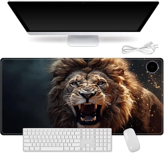 Heated Mouse Pad for Desk 31.5" x 13" – PU Leather Warm Desk Pad with 3 Heat Levels (104°F/113°F/122°F), Plug-in Electric Heating Mat with Auto Shut-Off, Waterproof & Rollable, Roaring Lion
