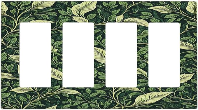 Vintage Green Plant Leaves 4 Gang Wall Plates Outlet Covers Quad Rocker Light Switch Cover Plate Decorative Switch Plates GFCI Electrical Faceplate for Bathroom Bedroom Decor 4.5 X 8 IN
