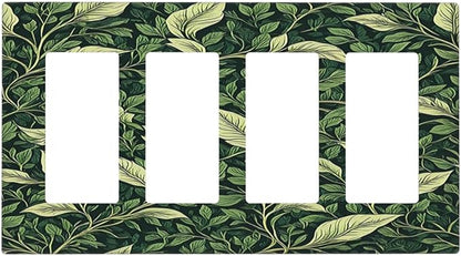 Vintage Green Plant Leaves 4 Gang Wall Plates Outlet Covers Quad Rocker Light Switch Cover Plate Decorative Switch Plates GFCI Electrical Faceplate for Bathroom Bedroom Decor 4.5 X 8 IN