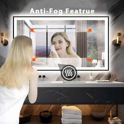 72x40 Lighted Mirrors for Bathroom Wall, Modern Rectangle Matte Black Mirror, Tempered Glass，Double Lights, 3 Colors Dimmable Temperature, IP54 Enhanced Anti-Fog, Memory (Horizontal/Vertical)
