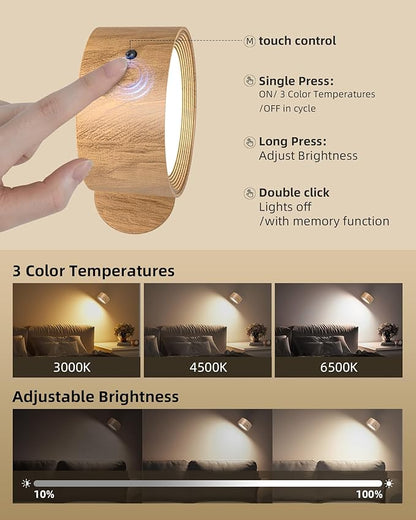 LED Wall Mounted Lights, Rechargeable Wall Sconces Lamp, 3 Color Temps & Remote and Touch, 360°Rotation Dimmable Cordless Wall Light for Study Bedroom Reading Bedside(Wood, 1 Pack)