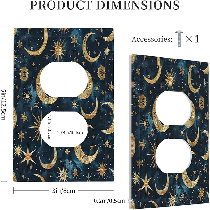 Outlet Covers Modern Abstract Sky Blue Gold Moon Sun Star 1 Gang Duplex Wall Plate Decorative Switch Plates Electrical Receptacle Faceplate Light Switch Cover for Bedroom Kids room Decor