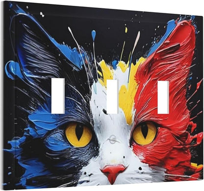 Decorative Light Switch Cover Plate Colorful Doodle Cute Funny Black Red White Cat 3 Gang Wall Plate Oversized Triple Toggle Switch Cover Plate Jumbo Faceplate