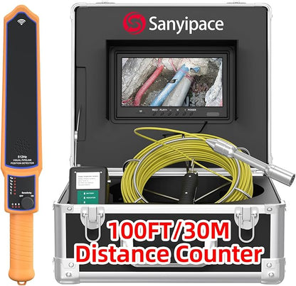 Sanyipace Sewer Camera with Locator 100 FT/30 M, Drain Pipe Inspection Camera with Detector, Waterproof Cámara Probe w/h 512Hz Transmitter, Distance Counter, 9" Color Screen, 16GB TF Card, 5mm Cable