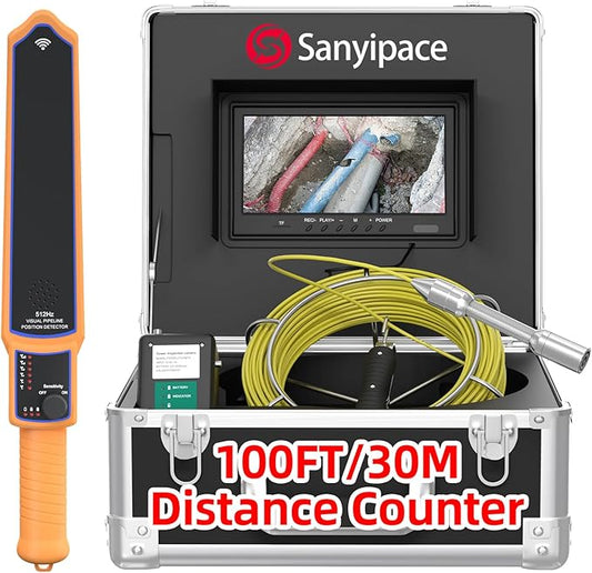 Sanyipace Sewer Camera with Locator 100 FT/30 M, Drain Pipe Inspection Camera with Detector, Waterproof Cámara Probe w/h 512Hz Transmitter, Distance Counter, 9" Color Screen, 16GB TF Card, 5mm Cable