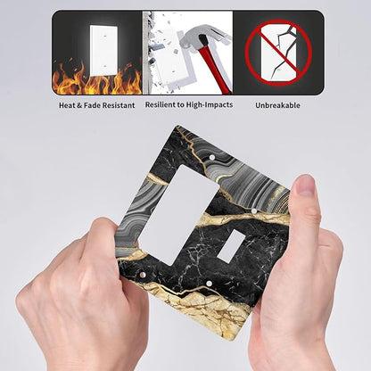 Decorative Outlet Covers Modern Abstract Black Gold Marble 2 Gang Wall Plate Single Toggle 1 Rocker Light Switch Cover Switch Plate Covers for Bathroom Kitchen Home Decor