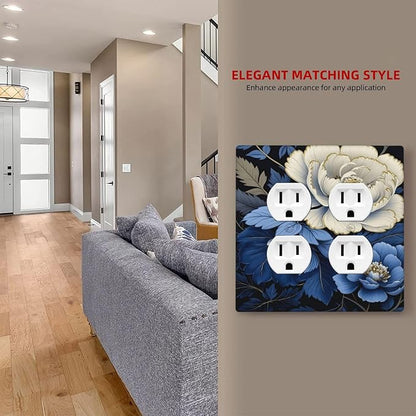 Decorative Outlet Covers Rustic Blue White Flowers Big Floral 2 Gang Wall Plate Double Duplex Light Switch Cover Switch Plate Covers Faceplate for Country Bedroom Home Decor