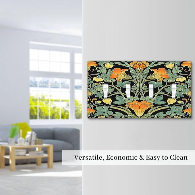 Light Switch Covers William Morris Vintage Floral Green Yellow Quad Toggle Electrical Faceplate 4 Gang Wall Plate Decorative Switch Plates for Bedroom Home Decor