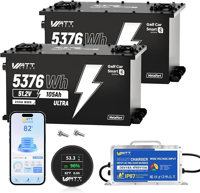 WattCycle 48V 105Ah Golf Cart Batteries 2 Pack, 48V Lithium Battery 250A BMS with 15A Charger, LiFePO4 Battery 15000+ Deep Cycles, IP65 Waterproof Marine Batteries, Built-in Bluetooth, Perfect for RV