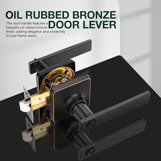 GOBEKOR 2 Pack Bronze Door Handles Interior with Lock Privacy Door Levers Oil Rubbed Bronze Lever Door Handle Interior Keyless Door Locks for Bedroom Bathroom Bronze Square Door Handles