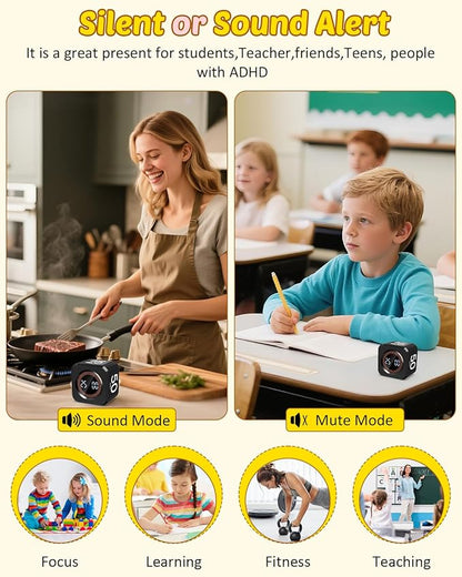 Pomodoro Timer Cube Visual Productivity Flip Timer for Kids Classroom Desk, 5/10/25/50min&Custom Countdown, Silent&Sound Mode Digital Cube for ADHD Study Work School Game Kitchen (Black)
