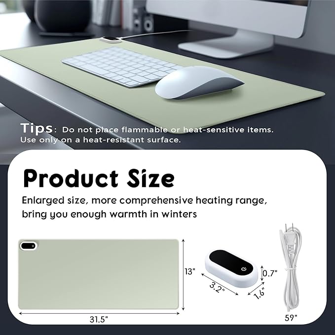 Konohan Heated Large Desk Mat PU Leather Warm Mouse Pad with 5 Heating Level & 4 Hour Auto Shut-Off Heating Keyboard Pad Warmer Gaming Mice Mat Only Supports 110v(Gray-Green Color,31.5" X 13")