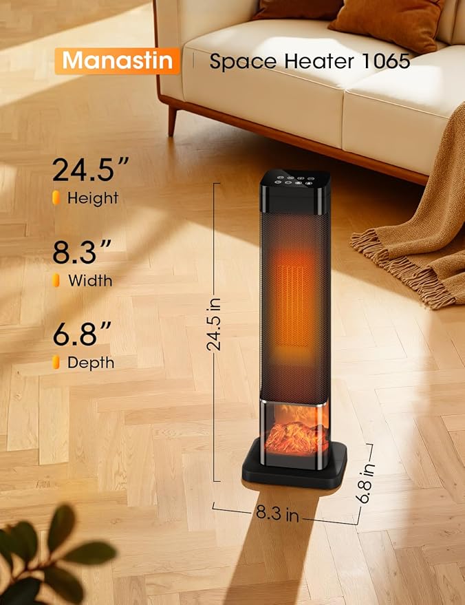 Manastin Space Heaters for Indoor Use, Electric Heaters with Remote, Adjustable Thermostat, 120° Oscillation, 24H Timer, Child Lock & Safety Protection, Portable Heater for Large Room, Office, Garage