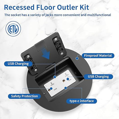 Vagueior Recessed Floor Electrical Outlet Kit, Circular Hidden Duplex 20A Tamper-Resistant Receptacle Outlet ，Waterproof Electrical Outlet Covcer Box,UL Certified,Black（1 Pack