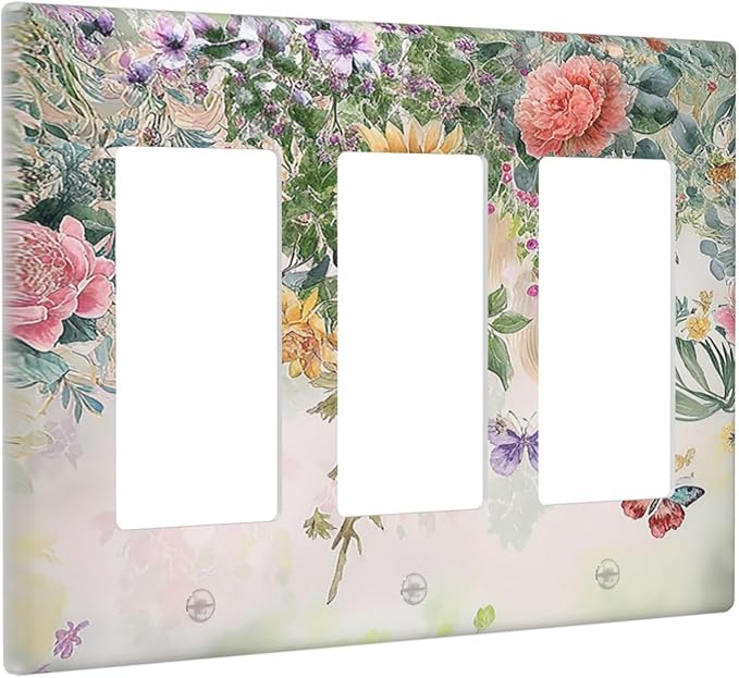 Rustic Floral Watercolor Flower Blossom Butterfly Triple Rocker Light Switch Covers 3 Gang Outlet Cover Wall Plates Decorative Switch Plates Electrical GFCI Faceplate Switchplate 4.49 X 6.38 IN