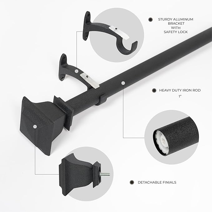 Deco Window Adjustable Curtain Rod for Windows 18 to 44 Inch (Pack of 1) Extendable Heavy Duty 1 Inch Iron Drapery Pole with Finials Wall Mounted French Door Curtain Rods (Black)