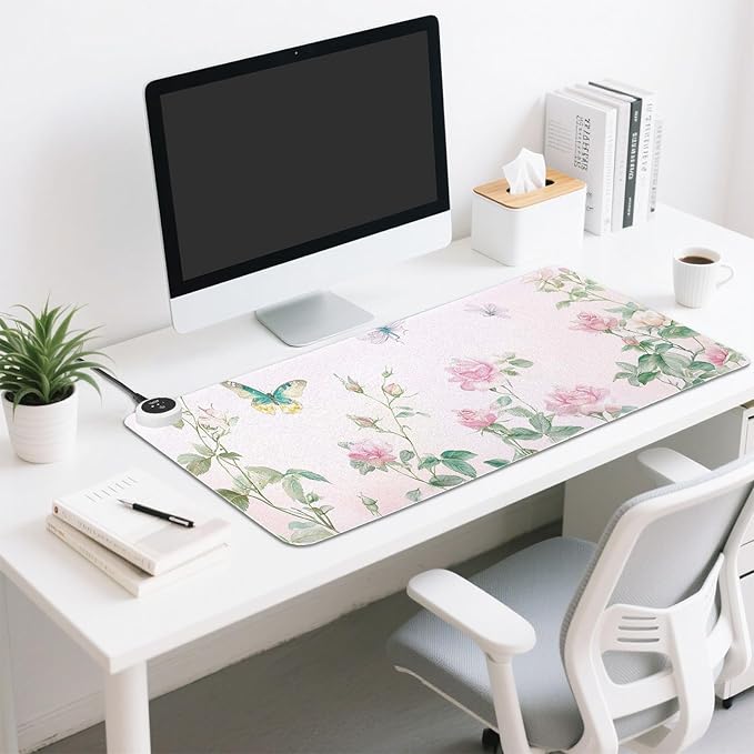 Heated Desk Pad Mouse Pad 31.5x13 Inch PU Leather Desk Mat with 3 Heat Levels Large Mouse Gaming Computer Laptop Mat Pink Spring Rose and Dragonfly Butterfly