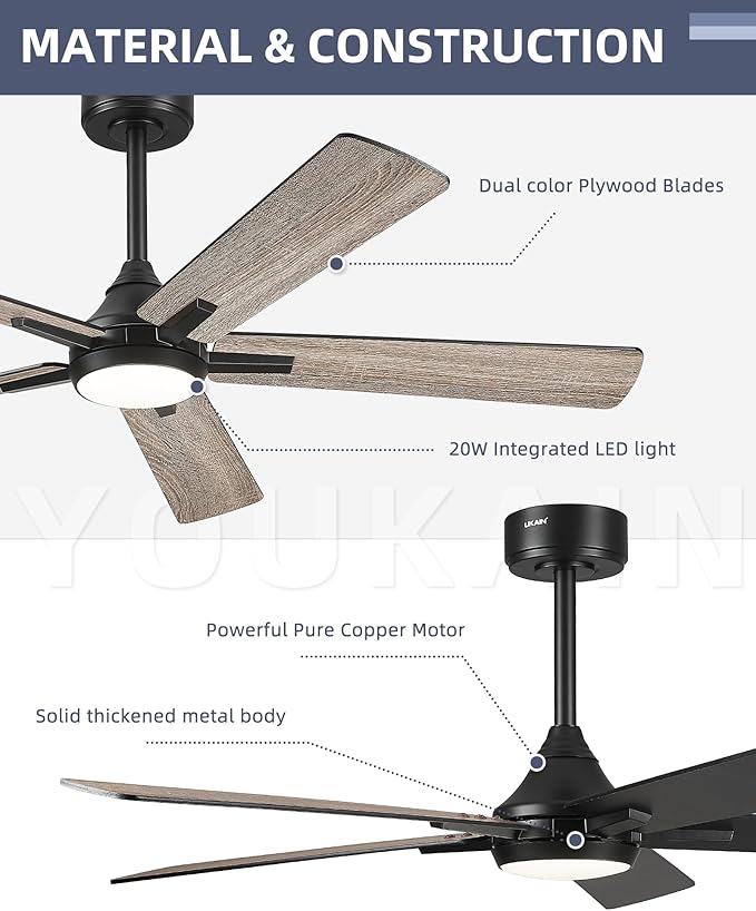 YOUKAIN 52 Inch Ceiling Fans with Lights, Black Ceiling Fan, Smart Fan Remote & APP Control, Reversible Blades, LED Ceiling Fan for Living Room, Bedroom, 52-YJ812-BK