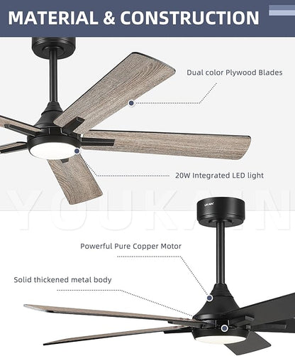 YOUKAIN 52 Inch Ceiling Fans with Lights, Black Ceiling Fan, Smart Fan Remote & APP Control, Reversible Blades, LED Ceiling Fan for Living Room, Bedroom, 52-YJ812-BK