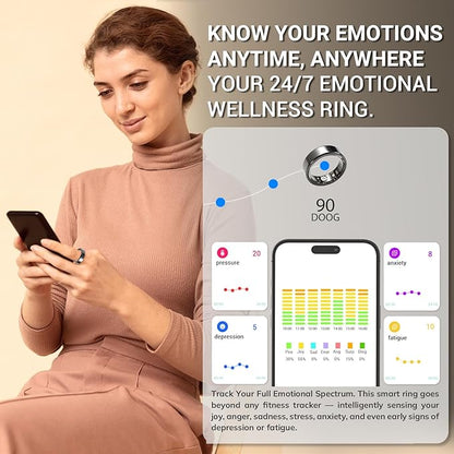 Mworld Smart Ring, Fitness & Health Tracker with Emotional AI Analysis, Sleep Monitor, Heart Rate/SpO2 Tracking, 10ATM Waterproof for Men and Women - Ceramic Material (Black, 7)