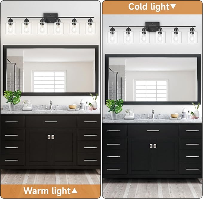 Bath Vanity Lights For Mirror, Restroom Lights Fixtures With Milky White Frosted Glass Shades,Bathroom Over Sink Light Fixtures, Bathroom Light Fixtures Over Mirror (Black with clear glass, 6-Light)