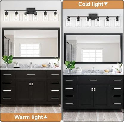 Bath Vanity Lights For Mirror, Restroom Lights Fixtures With Milky White Frosted Glass Shades,Bathroom Over Sink Light Fixtures, Bathroom Light Fixtures Over Mirror (Black with clear glass, 6-Light)