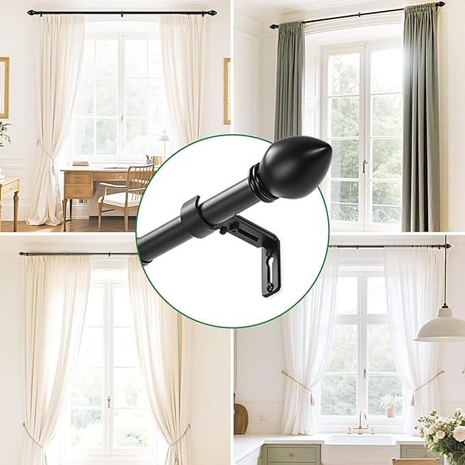 Curtain Rods for Windows 16 to 150 inches, Curtain Rod Max Adjustable Length to 158 in, Drapery Rod 1 inch Diameter with Modern Knobs Finials (Black, 16" to 150" - Set of 2)