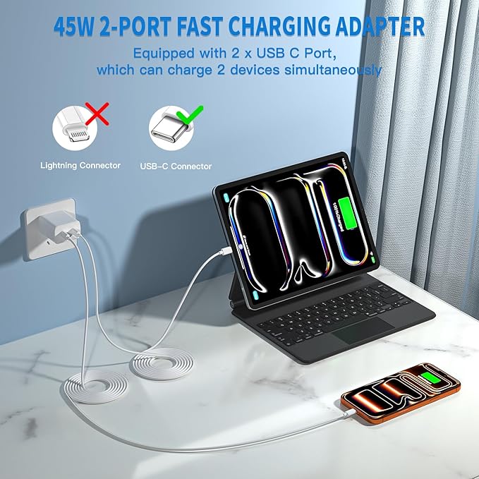 45W 2 Pack Super Fast Charger USB C Dual Port with 2×10FT White Type-C Charger Cord Block for iPhone17/17air/17 Pro/16/16e/16Pro Max/15/15Plus,i Pad,Compact Plug for Home/Travel, Safe & Durable Design