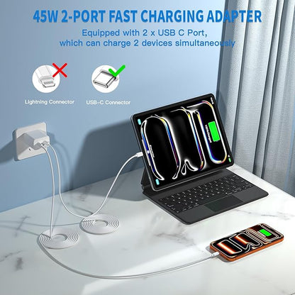 45W 2 Pack Super Fast Charger USB C Dual Port with 2×10FT White Type-C Charger Cord Block for iPhone17/17air/17 Pro/16/16e/16Pro Max/15/15Plus,i Pad,Compact Plug for Home/Travel, Safe & Durable Design