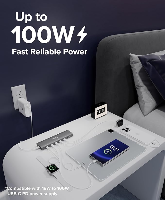 Plugable 6 Port USB C Charging Station, Up to 100W Charger for Multiple Devices with Priority Charging, Desktop Power Hub for USBC Devices Including Laptops Phones Tablets Earbuds and More (PS-6CC)