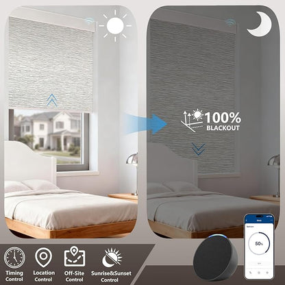 Smart Motorized Blinds – 100% Blackout Roller Shades with Remote, Alexa/Google Home/Siri Control, Matter Compatible, Wireless Rechargeable Battery, Custom Sizes for Windows & Sliding Doors
