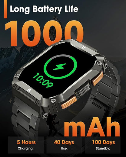 Military Smart Watches for Men, 1.95'' Smart Watch with 100 Days Battery/Flashlight, Fitness Tracker Watch with Heart Rate/Sleep Monitor/100+ Sports Mode,5 ATM Rugged Smartwatch for Android and iPhone